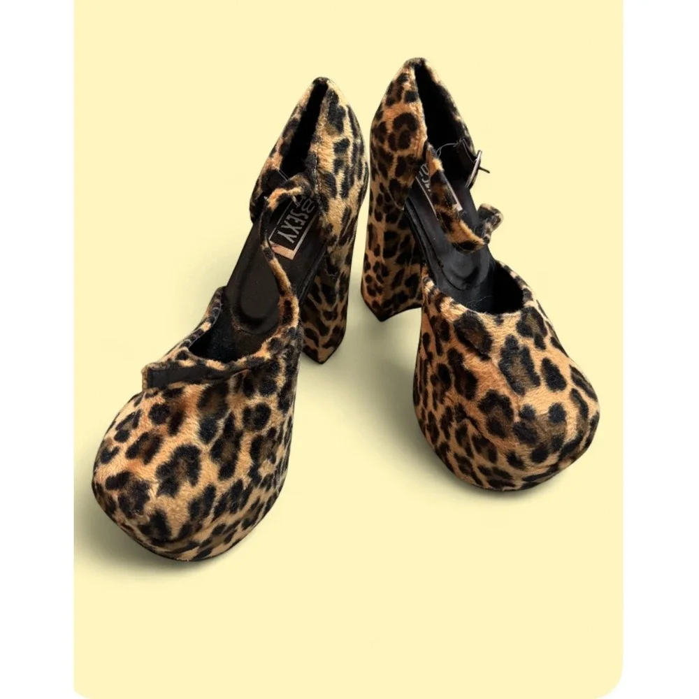 Too Sexy Leopard Print Faux Fur Platform Block Heels Ankle Strap Pumps 7.5